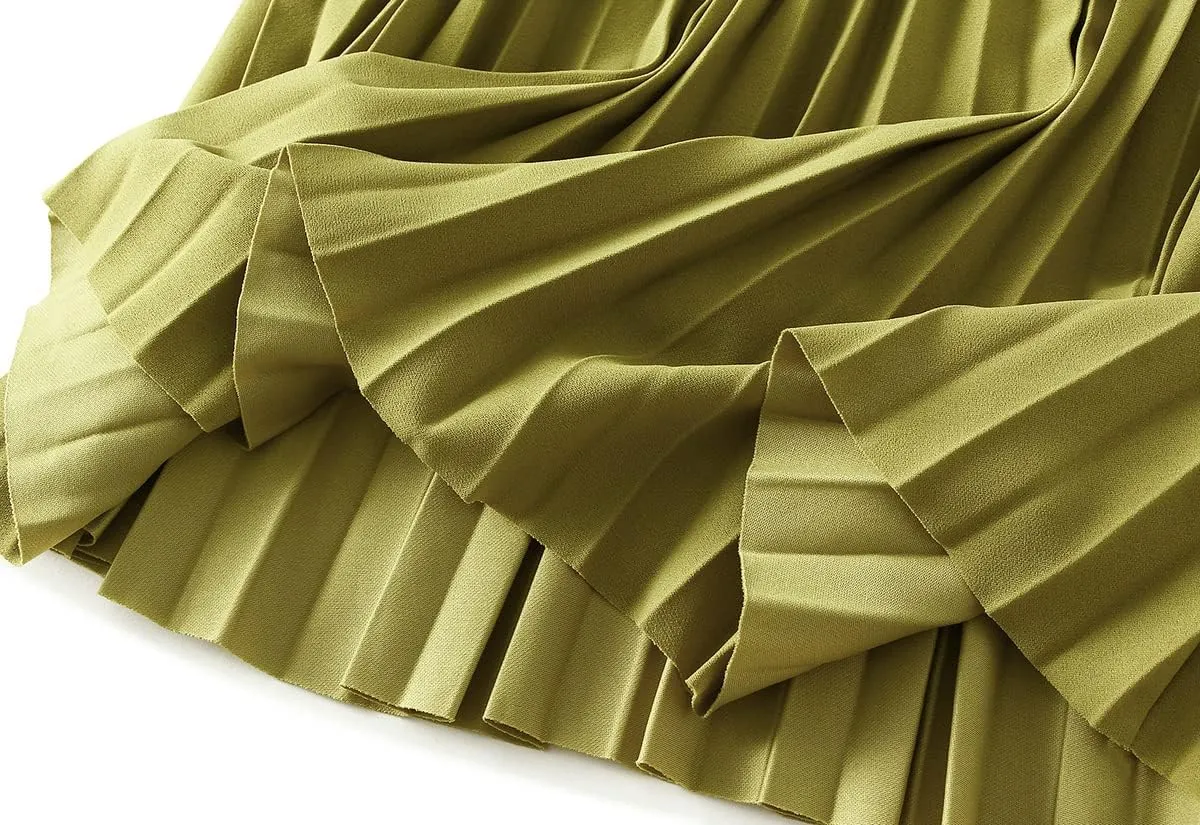 Women's Long Skirt High Waist Elastic Casual Pleated Skirt Wedding Prom Party A-Line Swing Midi Skirt