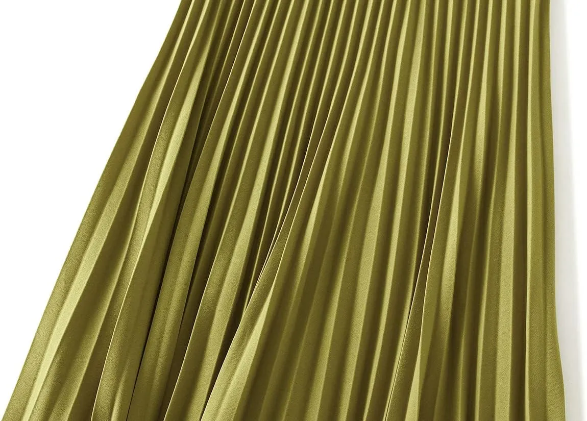 Women's Long Skirt High Waist Elastic Casual Pleated Skirt Wedding Prom Party A-Line Swing Midi Skirt