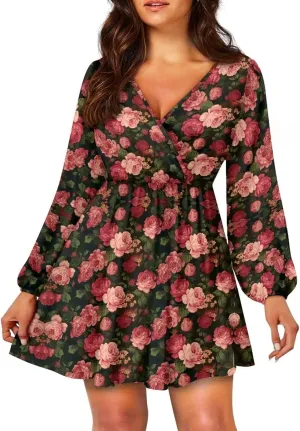 Women's Long Sleeve Dress Deep V Neck Wrap Flowy Swing Dress Casual Elastic High Waist A Line Ruffle Mini Dresses