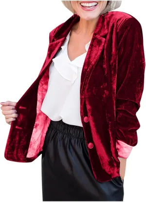 Women's Long Sleeve Velvet Jacket Vintage Blazer Suit Open Front Cardigan Trench Coat with Pockets Outerwear