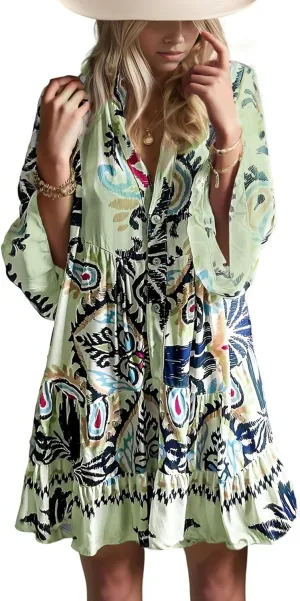 Womens Mini Dress 2025 Casual V-Neck Ruffle Dresses with 3/4 Sleeve Tiered Pleated