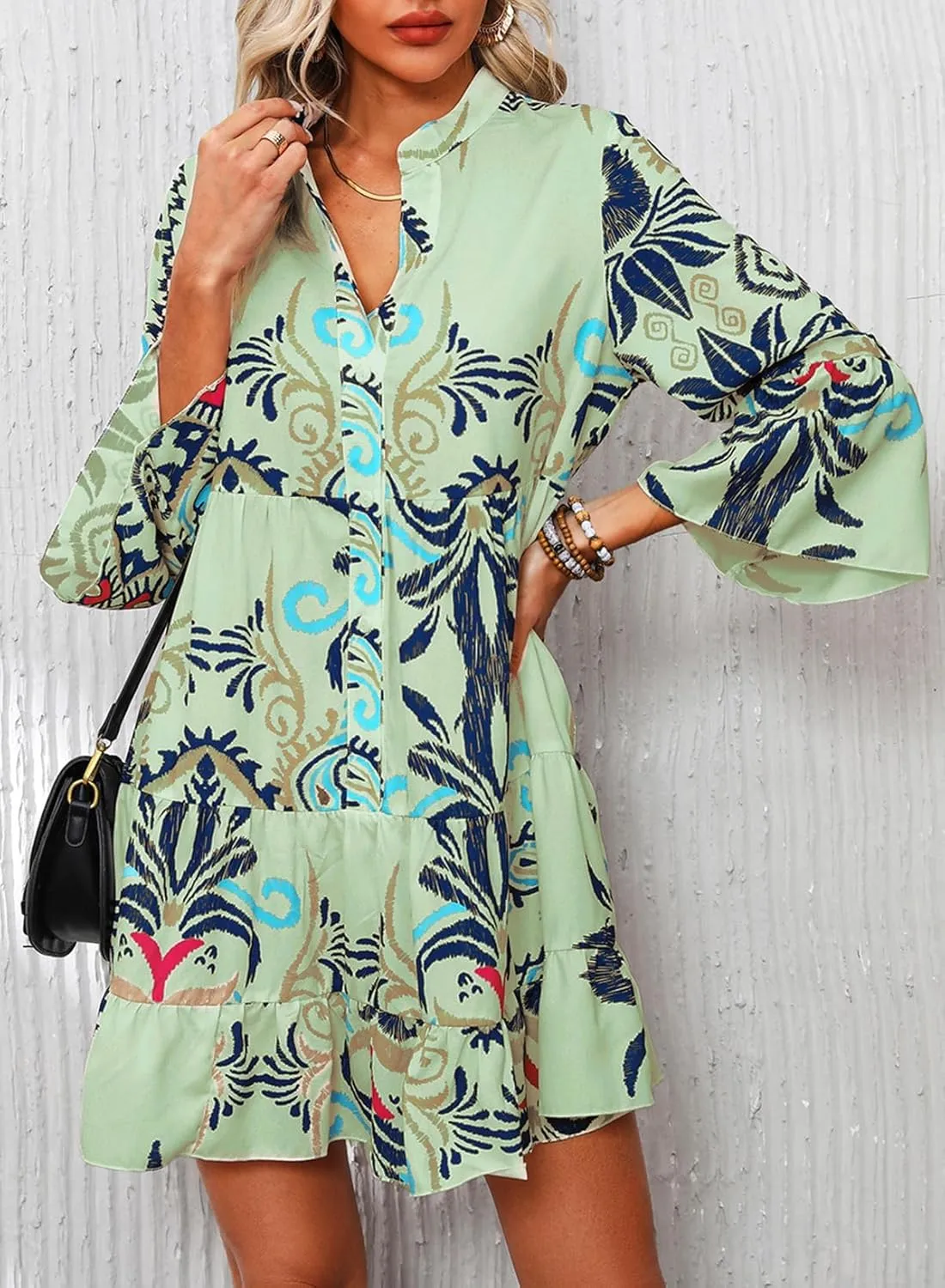 Womens Mini Dress 2025 Casual V-Neck Ruffle Dresses with 3/4 Sleeve Tiered Pleated