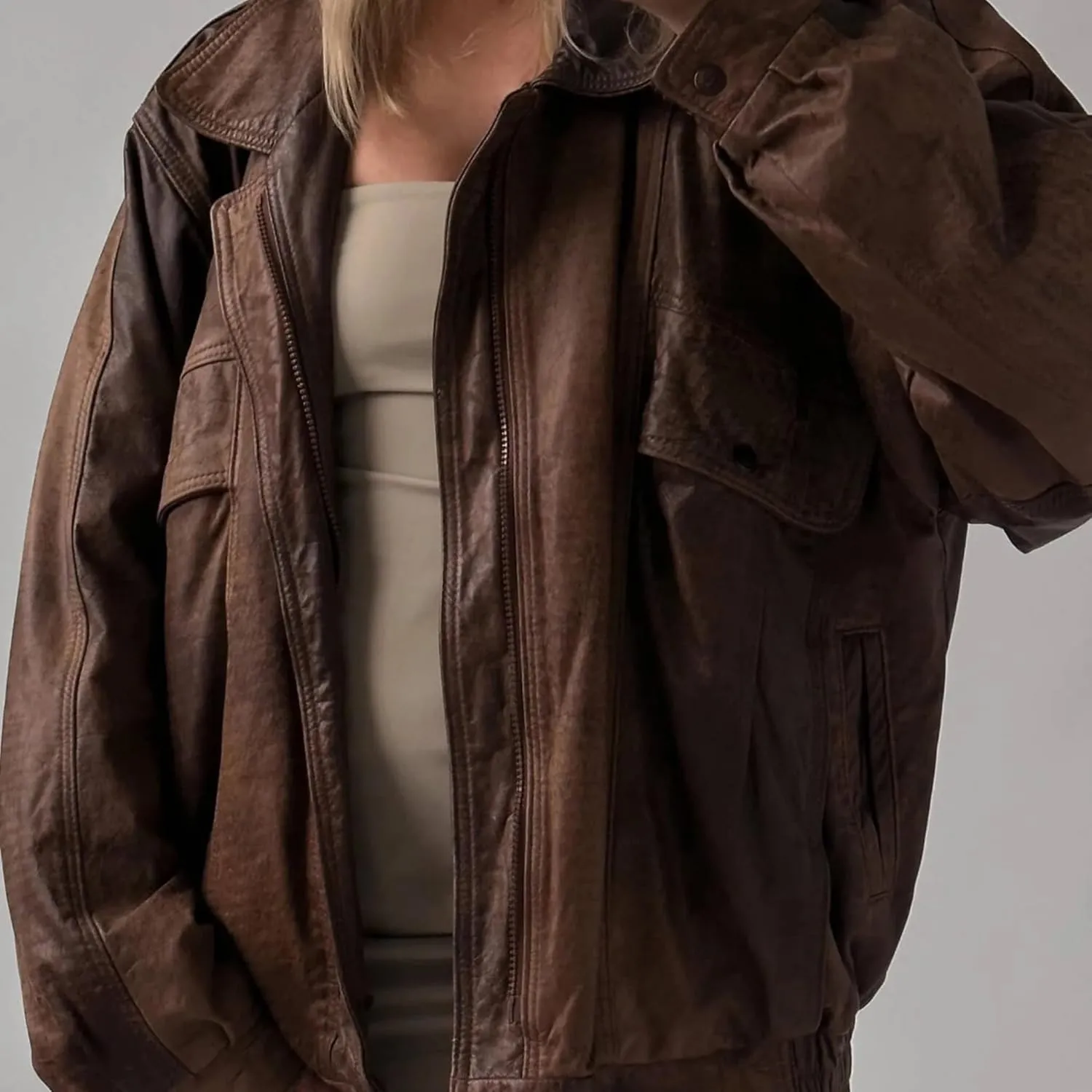 Womens Oversized Leather Jacket with Sleeves Bomber Vintage Long Coat lambskin Leather Blazer Leather Jackets