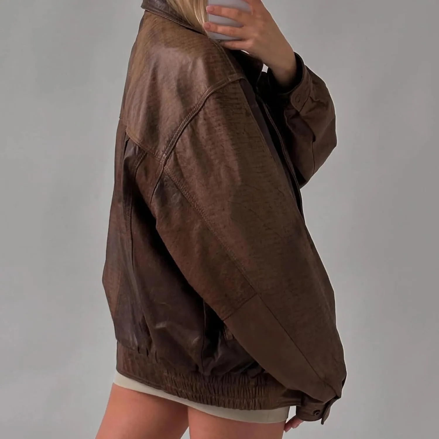 Womens Oversized Leather Jacket with Sleeves Bomber Vintage Long Coat lambskin Leather Blazer Leather Jackets