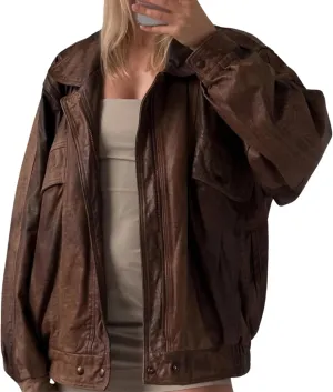Womens Oversized Leather Jacket with Sleeves Bomber Vintage Long Coat lambskin Leather Blazer Leather Jackets
