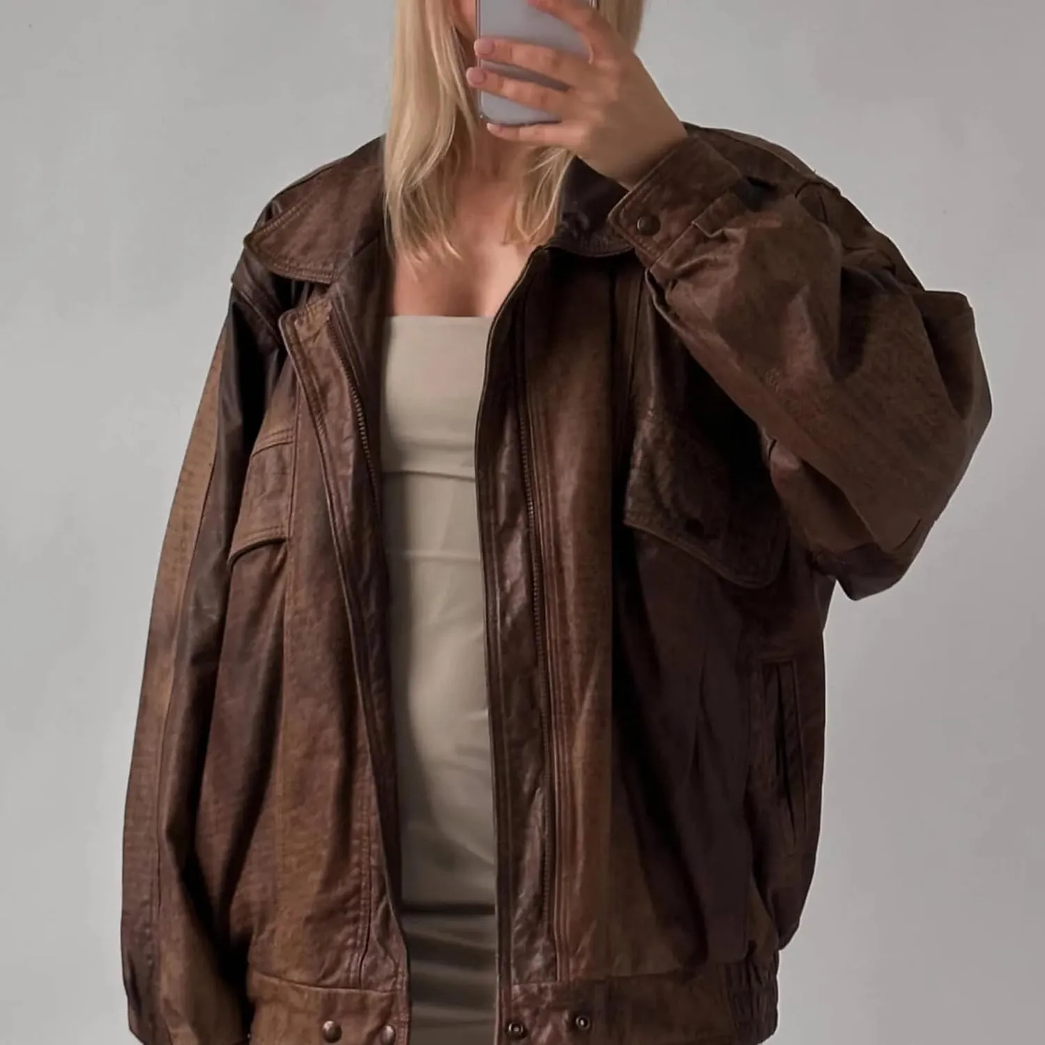 Womens Oversized Leather Jacket with Sleeves Bomber Vintage Long Coat lambskin Leather Blazer Leather Jackets