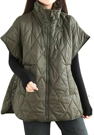 Womens Oversized Quilted Puffer Vest Cap Sleeve Stand Collar Zip Up Down Vest with Pockets