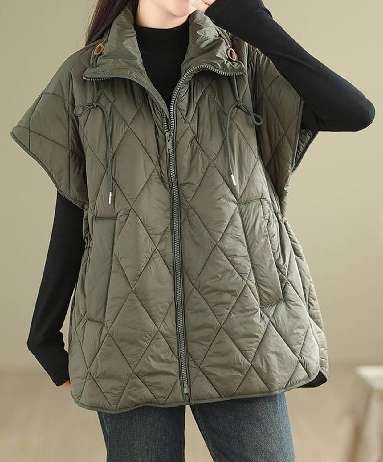 Womens Oversized Quilted Puffer Vest Cap Sleeve Stand Collar Zip Up Down Vest with Pockets