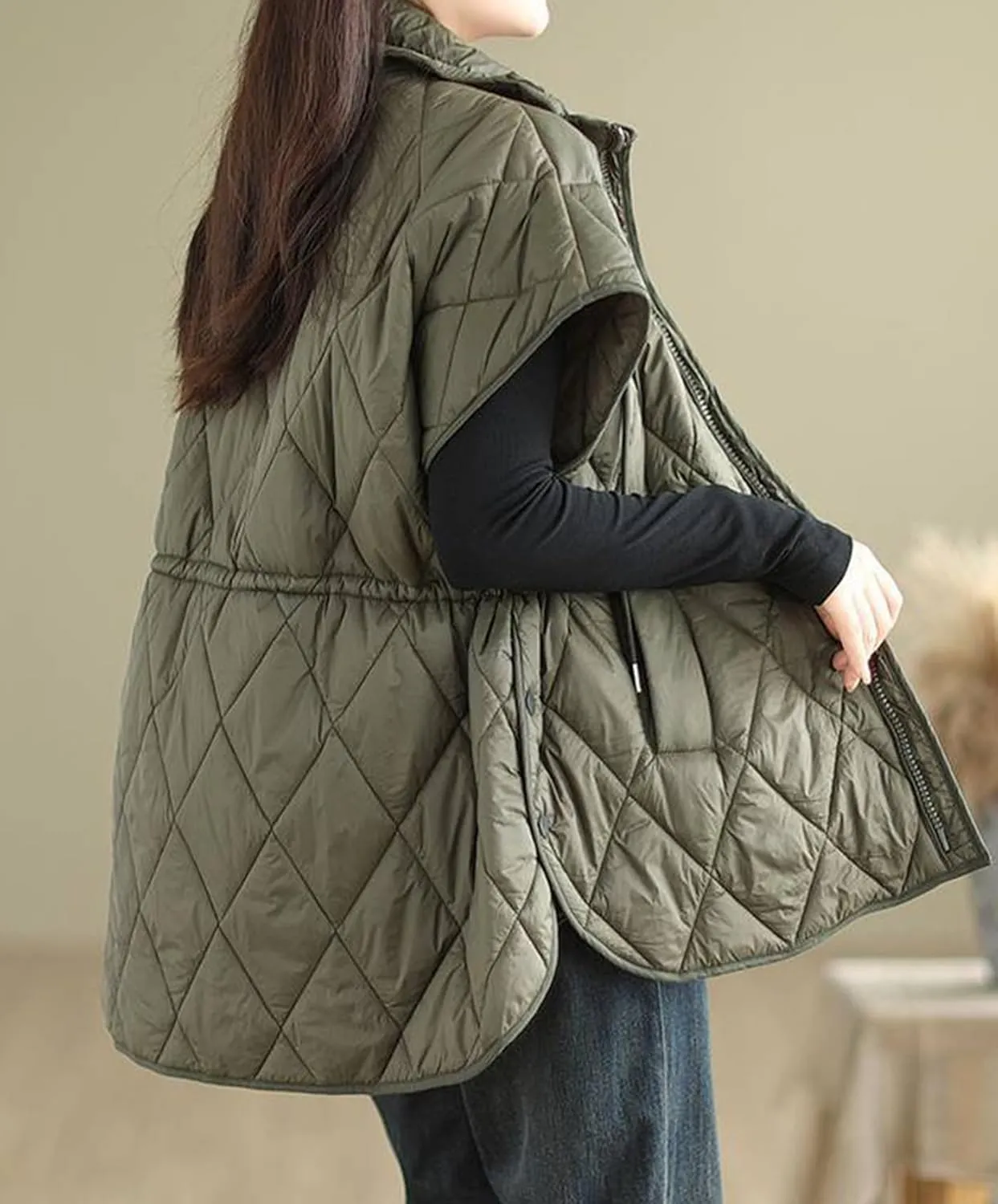 Womens Oversized Quilted Puffer Vest Cap Sleeve Stand Collar Zip Up Down Vest with Pockets