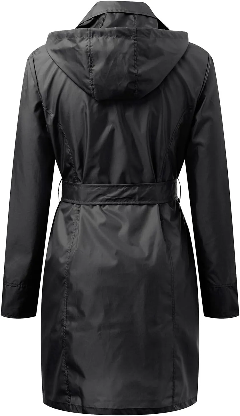 Womens Packable Rain Jacket with Hood Waterproof Long Trench Coats Hooded Raincoat Lightweight Rain Coat Outdoor Windbreaker