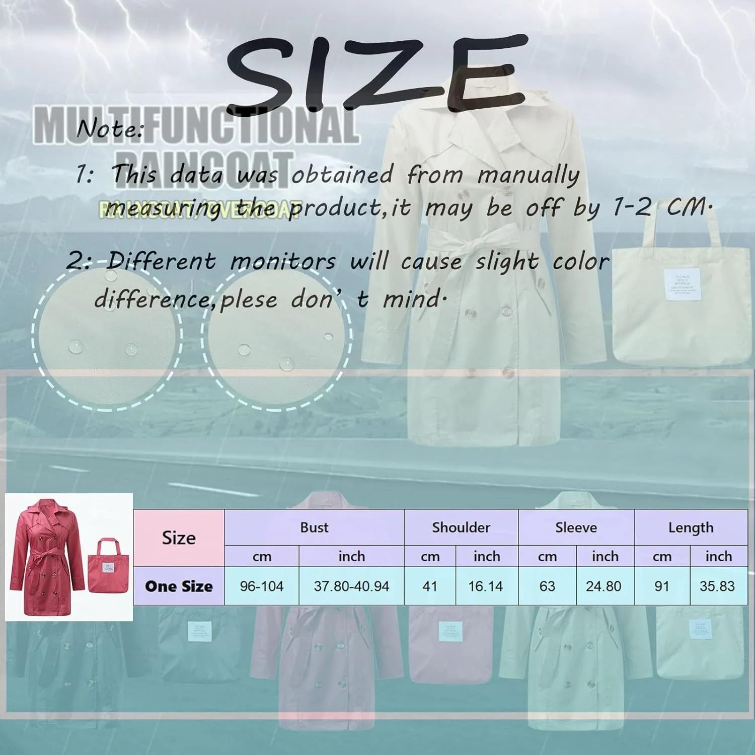 Womens Packable Rain Jacket with Hood Waterproof Long Trench Coats Hooded Raincoat Lightweight Rain Coat Outdoor Windbreaker