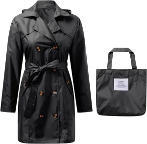 Womens Packable Rain Jacket with Hood Waterproof Long Trench Coats Hooded Raincoat Lightweight Rain Coat Outdoor Windbreaker