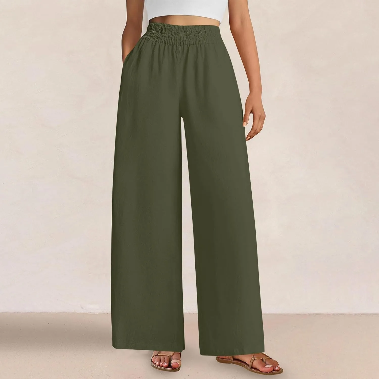 Womens Palazzo Pants with Pockets Loose Flowy Wide Leg Pants Summer Beach Travel Outfits Stretch Comfy Trousers