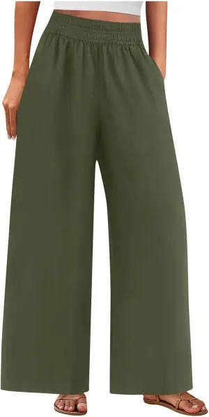 Womens Palazzo Pants with Pockets Loose Flowy Wide Leg Pants Summer Beach Travel Outfits Stretch Comfy Trousers