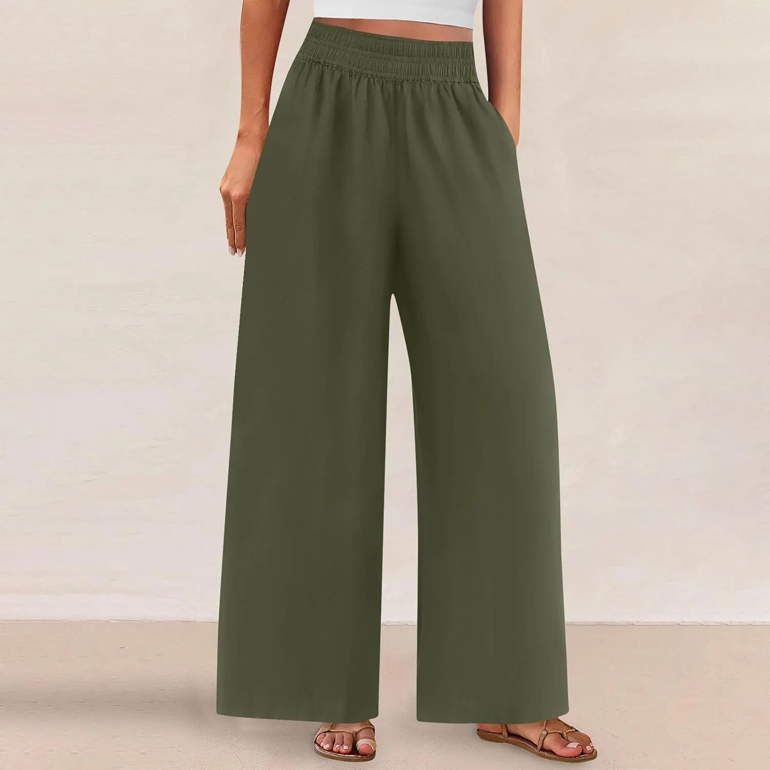 Womens Palazzo Pants with Pockets Loose Flowy Wide Leg Pants Summer Beach Travel Outfits Stretch Comfy Trousers