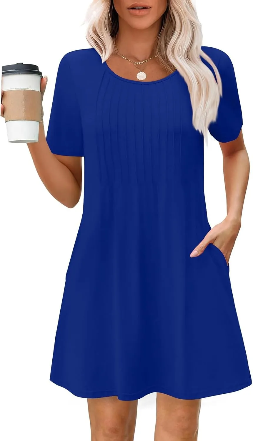 Womens Pleated Front T Shirt Dresses Short Sleeve Crewneck Mini a Line Dress Cute Summer Casual Beach Dresses Pockets