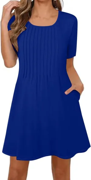 Womens Pleated Front T Shirt Dresses Short Sleeve Crewneck Mini a Line Dress Cute Summer Casual Beach Dresses Pockets