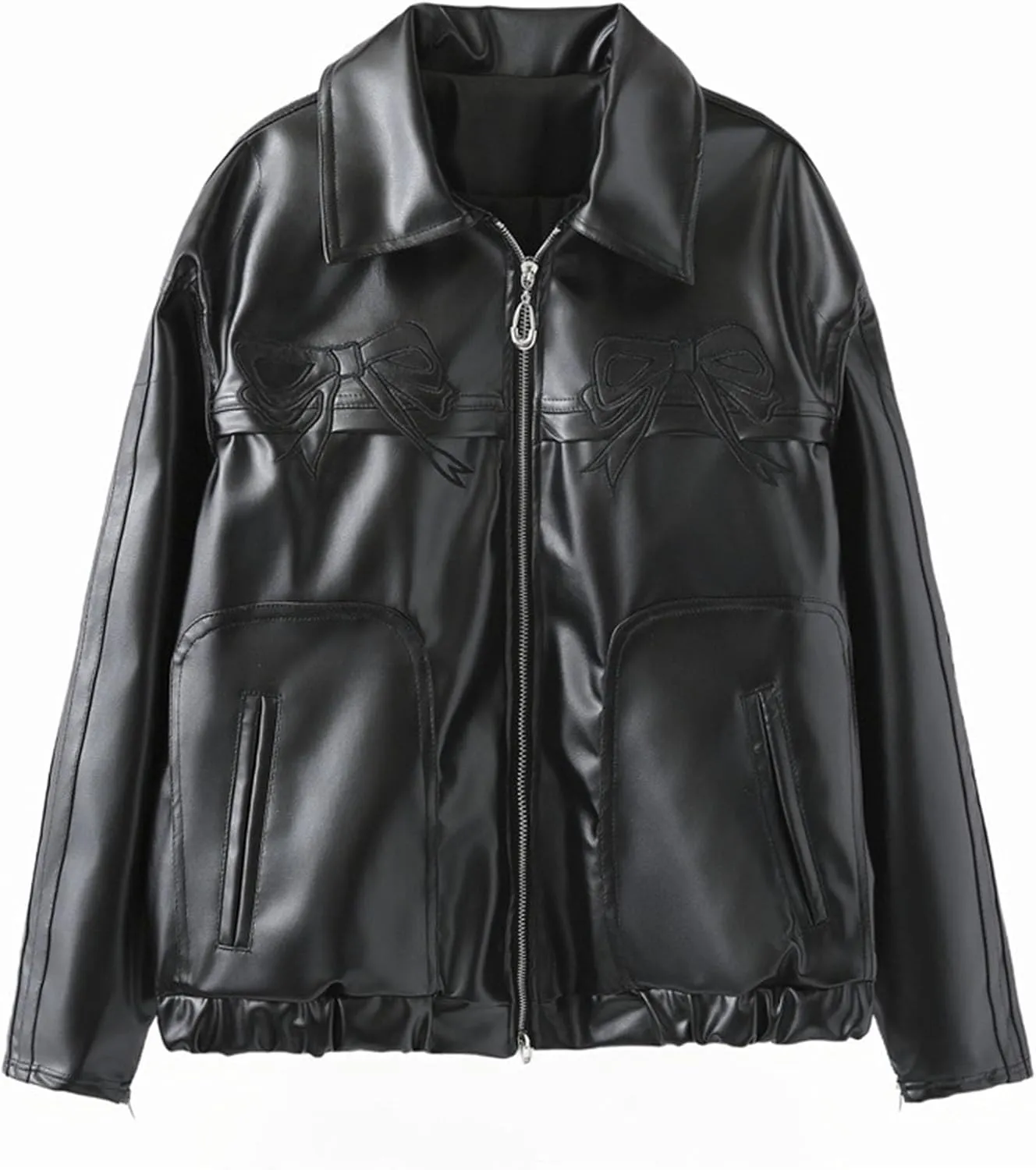 Womens PU Bow Jacket Leather Fashion Sweet Cool Coat Polo-Neck Vintage Street Loose Bomber Motorcycle Jacket(Black bow,Medium)