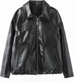 Womens PU Bow Jacket Leather Fashion Sweet Cool Coat Polo-Neck Vintage Street Loose Bomber Motorcycle Jacket(Black bow,Medium)