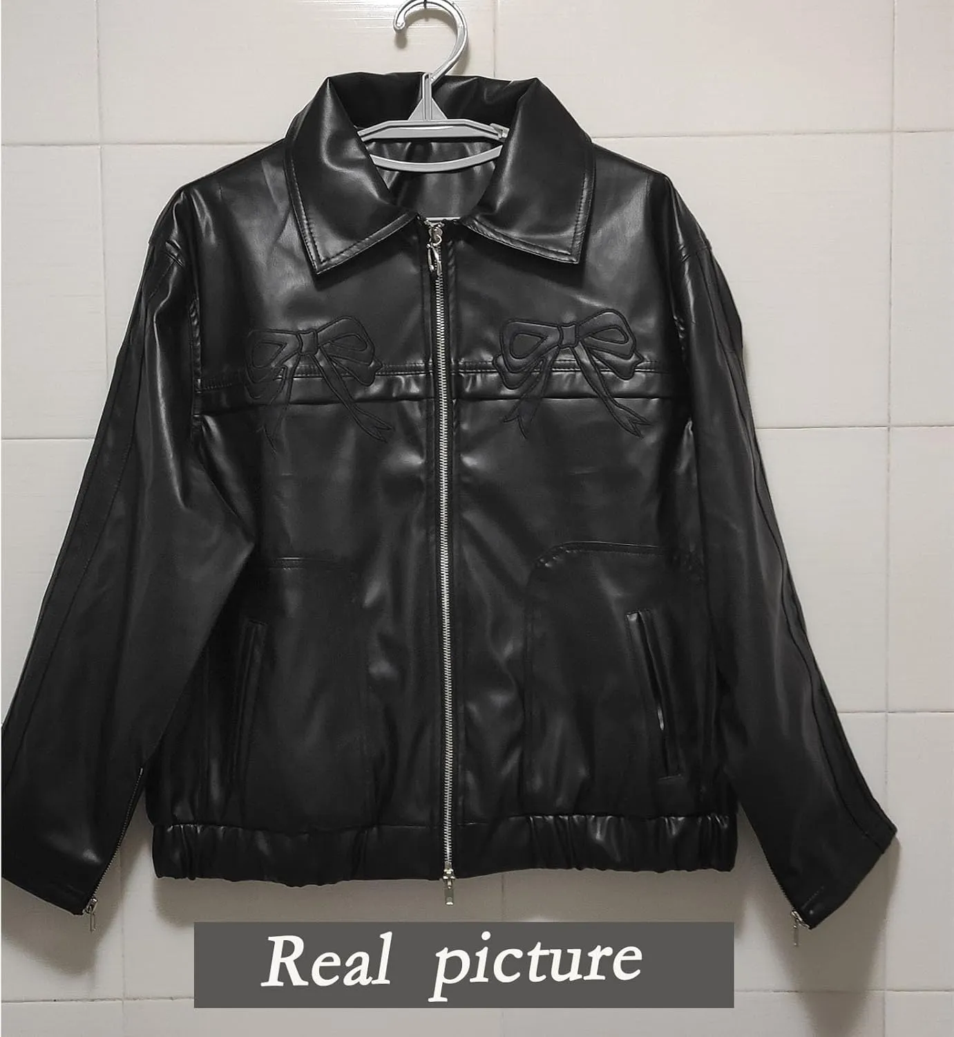 Womens PU Bow Jacket Leather Fashion Sweet Cool Coat Polo-Neck Vintage Street Loose Bomber Motorcycle Jacket(Black bow,Medium)