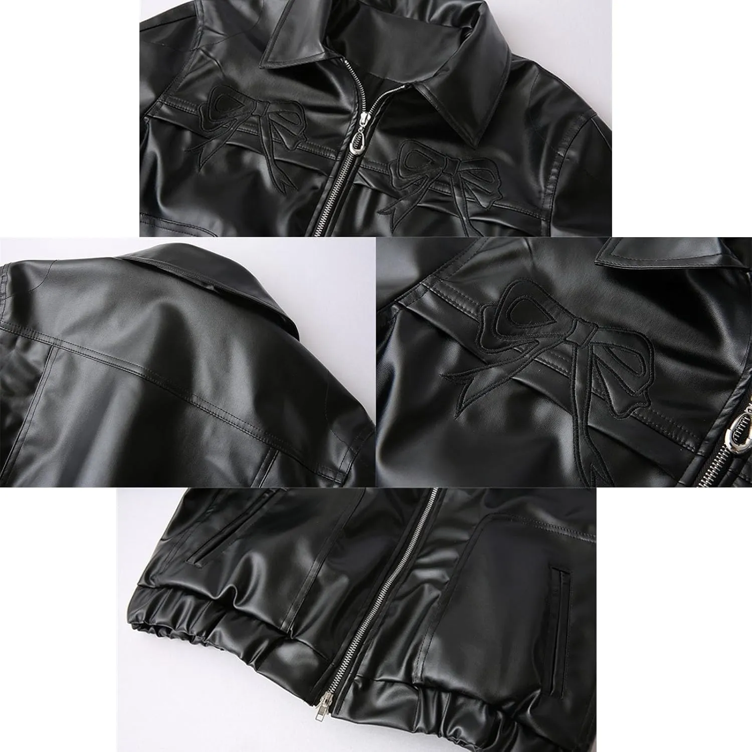 Womens PU Bow Jacket Leather Fashion Sweet Cool Coat Polo-Neck Vintage Street Loose Bomber Motorcycle Jacket(Black bow,Medium)