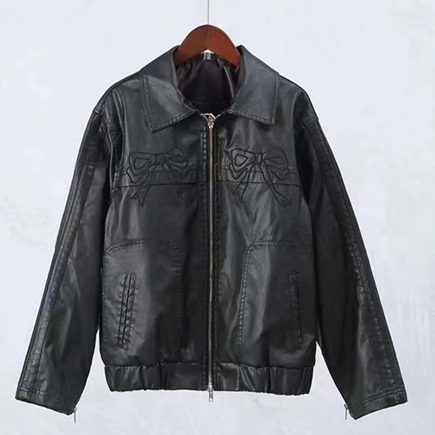 Womens PU Bow Jacket Leather Fashion Sweet Cool Coat Polo-Neck Vintage Street Loose Bomber Motorcycle Jacket(Black bow,Medium)