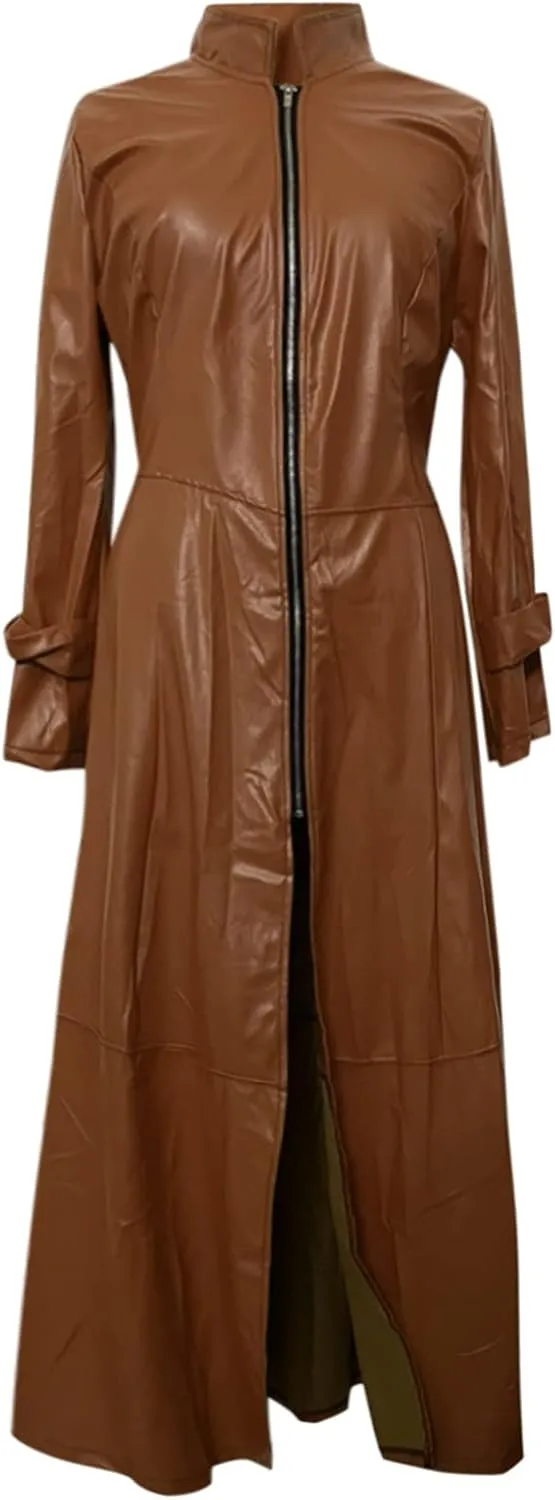 Womens PU Faux Leather Jacket Dress Lapel Long Suit Trench Coat Casual Outerwear Long Sleeve Motorcycle Biker Outwear