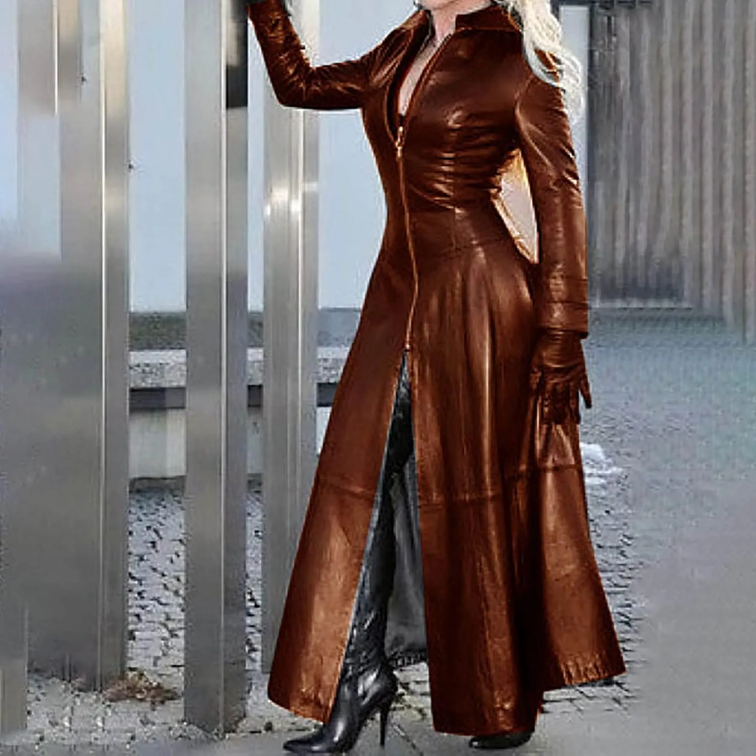 Womens PU Faux Leather Jacket Dress Lapel Long Suit Trench Coat Casual Outerwear Long Sleeve Motorcycle Biker Outwear