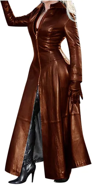 Womens PU Faux Leather Jacket Dress Lapel Long Suit Trench Coat Casual Outerwear Long Sleeve Motorcycle Biker Outwear