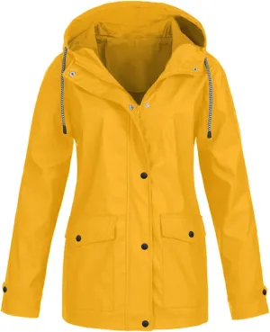 Womens Rain Coat Waterproof Lightweight Hooded Rain Jacket Outdoor Hiking Trench Windbreaker Raincoats With Pockets