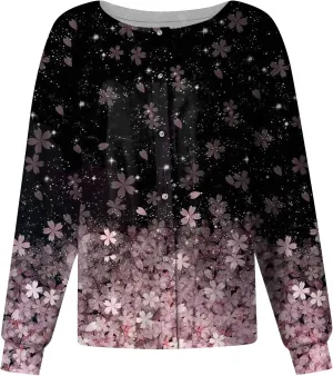 Womens Scrub Jacket Long Sleeve Pocket Working Stand-Up Collar Womens Scrubs Print Single Breasted Cardigan Tops