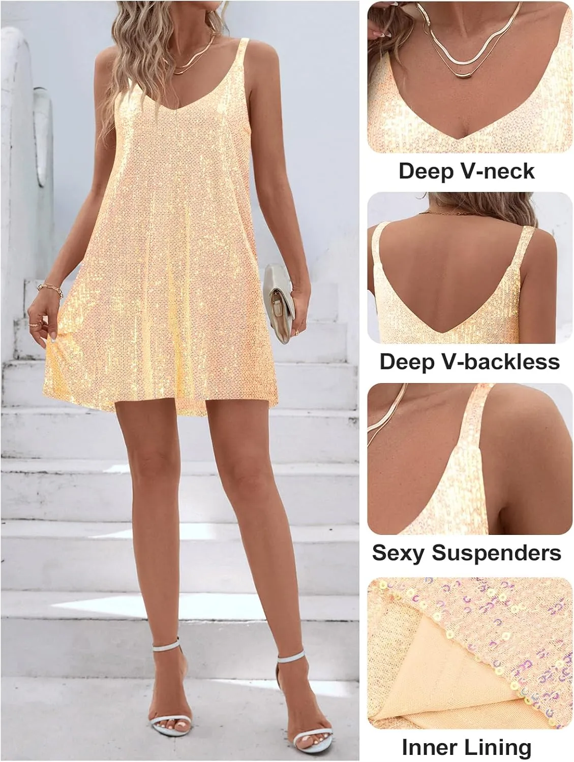Women's Sequin Dress for Women Sparkly Glitter V Neck Shift Cocktail Disco Outfit Party Club Night Out Mini Dresses