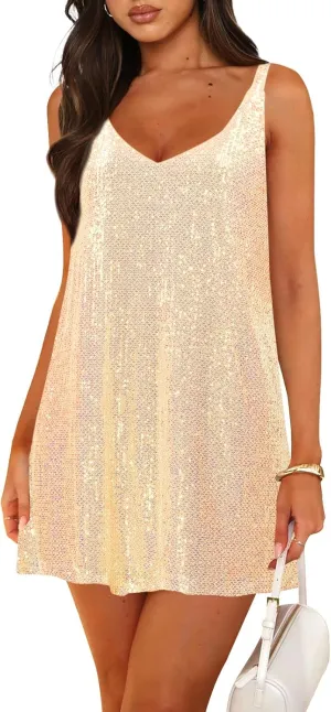 Women's Sequin Dress for Women Sparkly Glitter V Neck Shift Cocktail Disco Outfit Party Club Night Out Mini Dresses