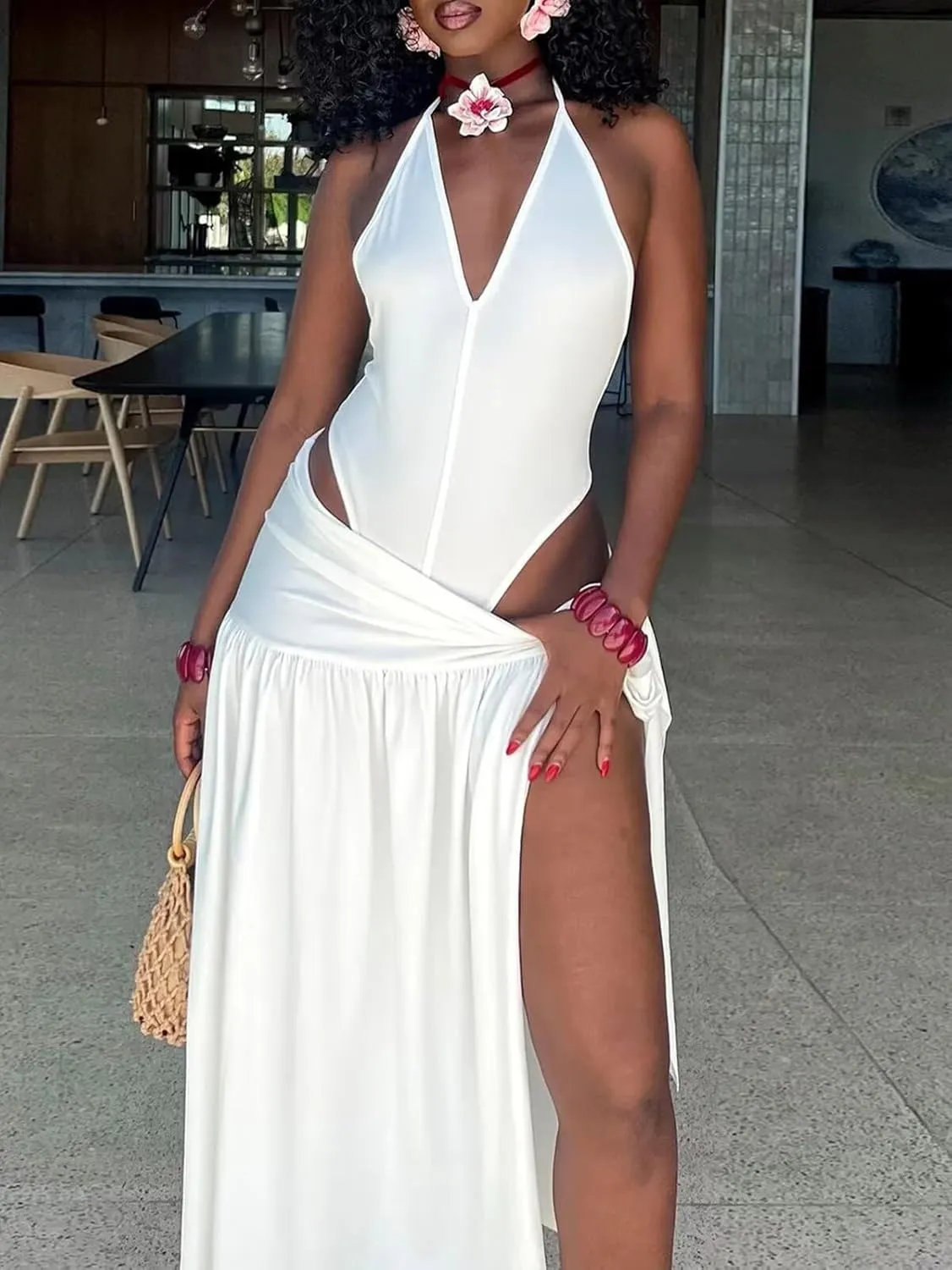 Women's Sexy Two Piece Outfits V Neck Bikini Bodysuit and Side Split Maxi Skirt Set Summer Beach Party Dresses