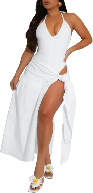Women's Sexy Two Piece Outfits V Neck Bikini Bodysuit and Side Split Maxi Skirt Set Summer Beach Party Dresses