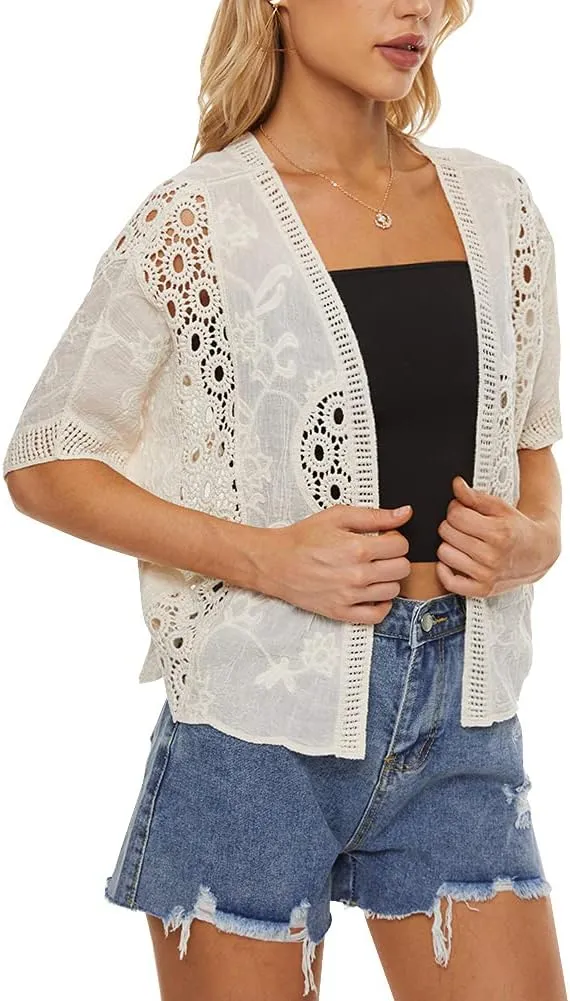 Women's Short Sleeve Bolero Shrugs Crochet Lace Open Cardigan