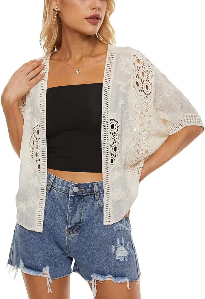 Women's Short Sleeve Bolero Shrugs Crochet Lace Open Cardigan