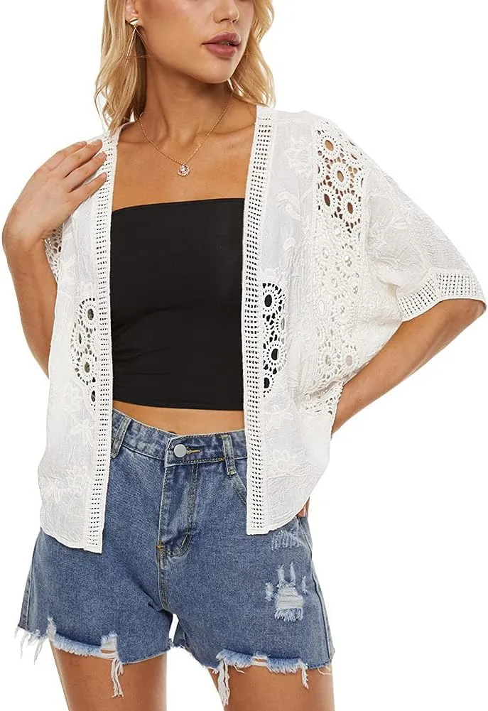 Women's Short Sleeve Bolero Shrugs Crochet Lace Open Cardigan