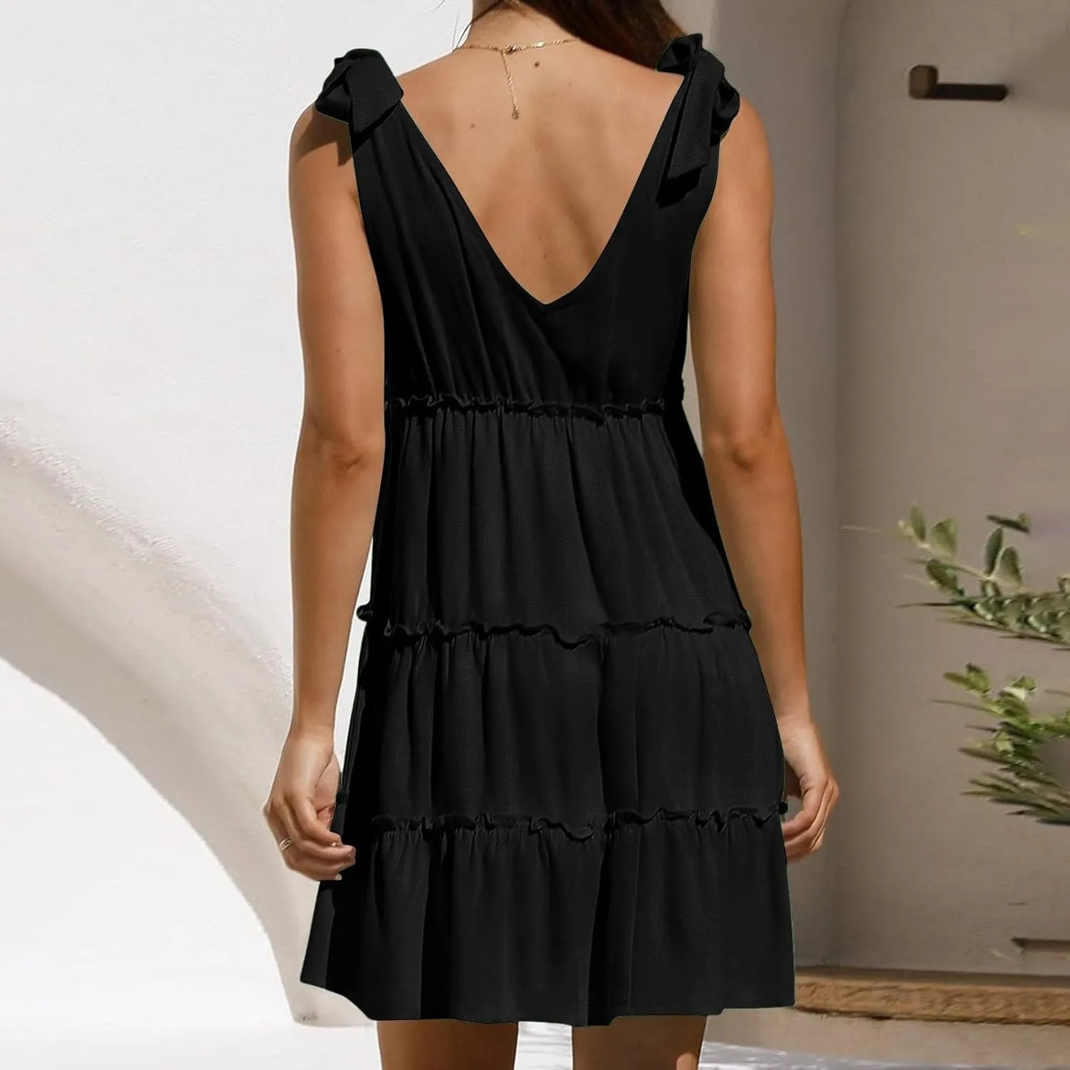 Womens Sleeveless V Neck Casual Mini Dress Ruffle Sexy Summer 2025 A Line Beach Dresses Solid Vacation Flowy Sundress