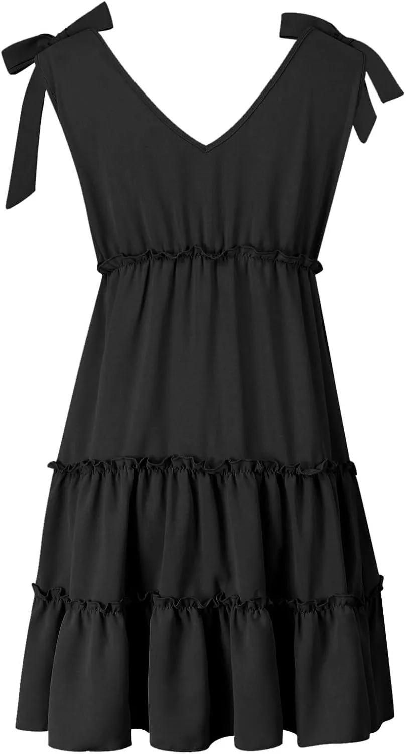 Womens Sleeveless V Neck Casual Mini Dress Ruffle Sexy Summer 2025 A Line Beach Dresses Solid Vacation Flowy Sundress