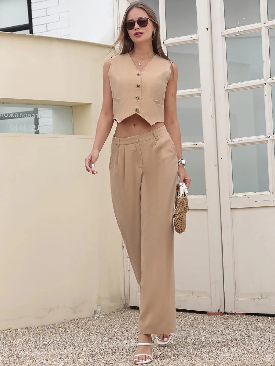 Women's Summer Blazer Vest 2 Piece Outfits V Neck Sleeveless Button Down Waistcoat and Wide Leg Pants Set with Pockets