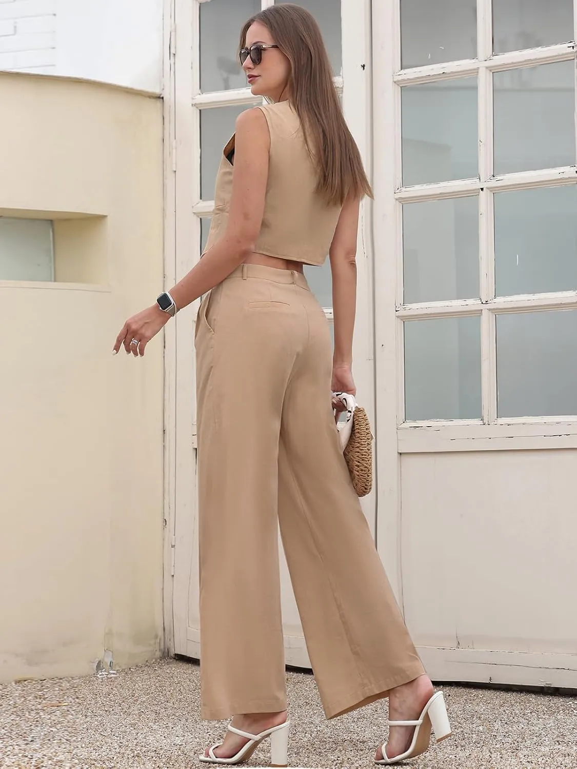 Women's Summer Blazer Vest 2 Piece Outfits V Neck Sleeveless Button Down Waistcoat and Wide Leg Pants Set with Pockets