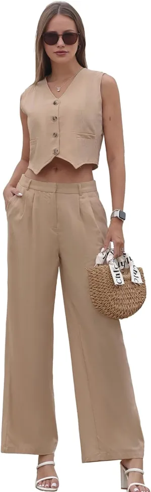 Women's Summer Blazer Vest 2 Piece Outfits V Neck Sleeveless Button Down Waistcoat and Wide Leg Pants Set with Pockets
