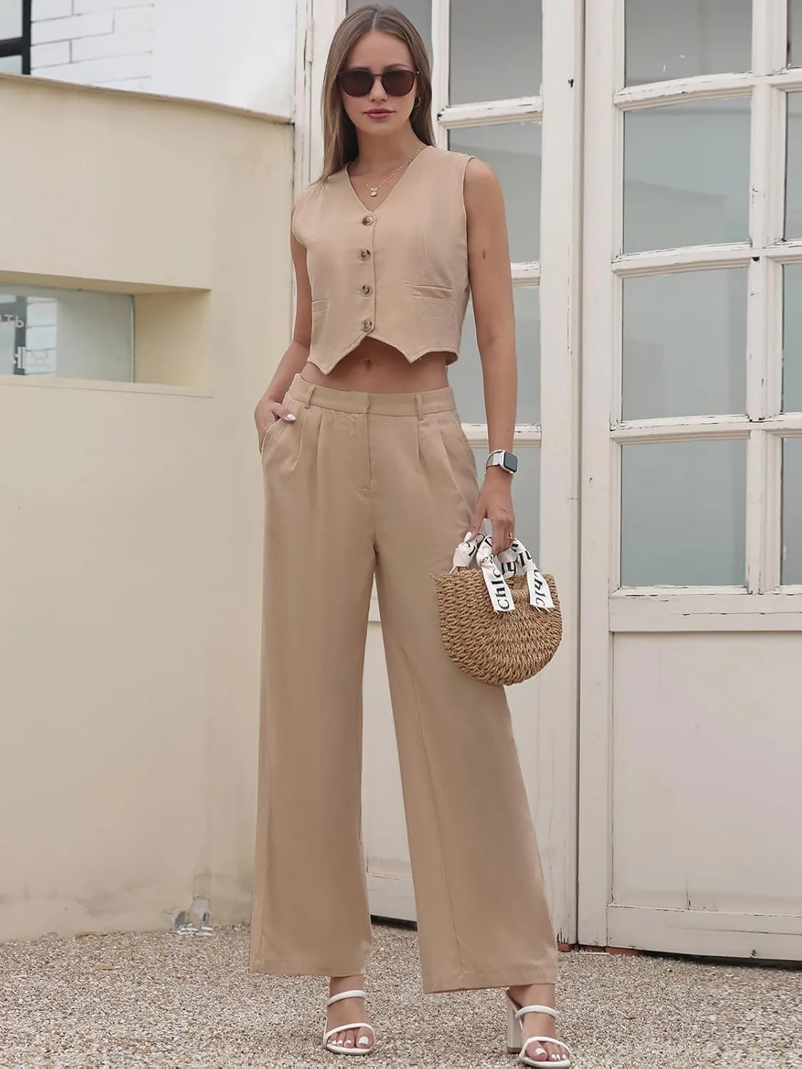 Women's Summer Blazer Vest 2 Piece Outfits V Neck Sleeveless Button Down Waistcoat and Wide Leg Pants Set with Pockets