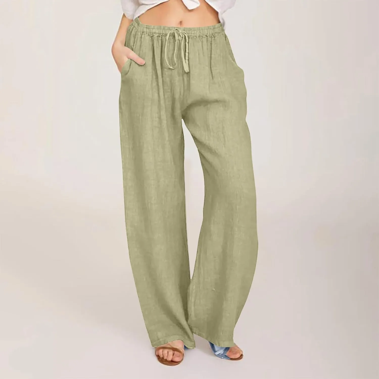 Womens Summer Cotton Linen Pants High Waist Drawstring Wide Leg Palazzo Pant 2025 Lightweight Comfy Lounge Trousers