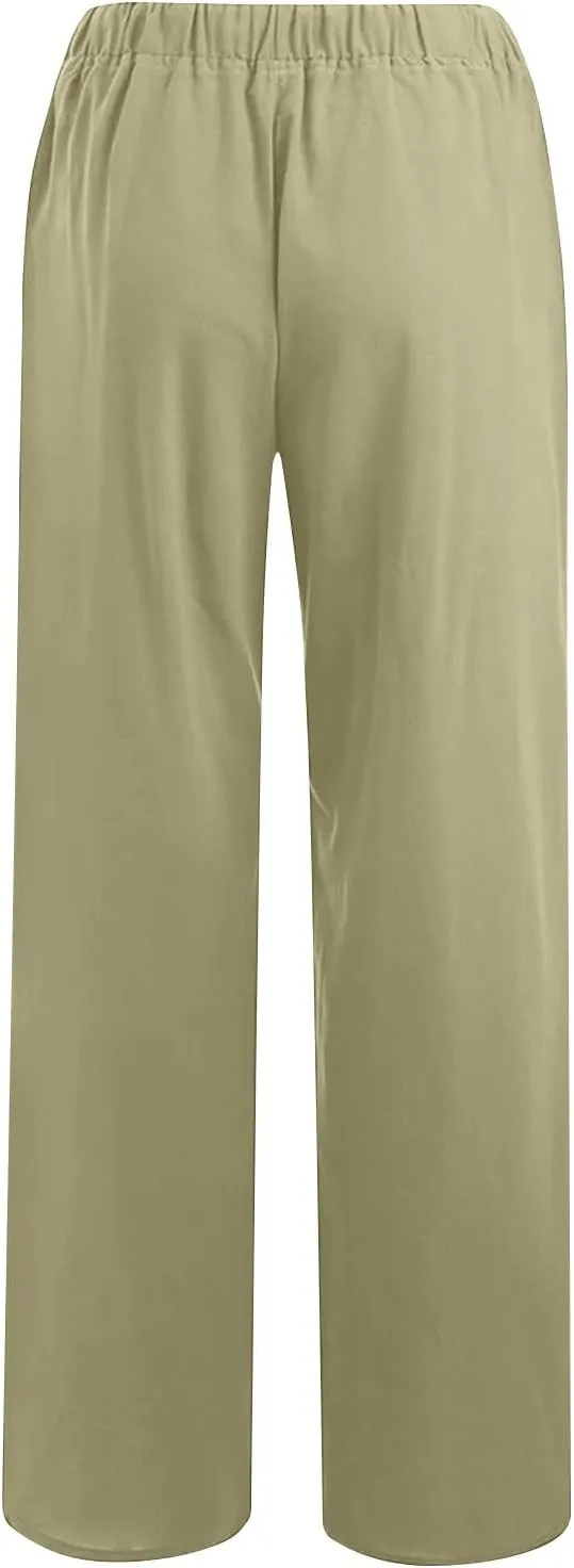 Womens Summer Cotton Linen Pants High Waist Drawstring Wide Leg Palazzo Pant 2025 Lightweight Comfy Lounge Trousers