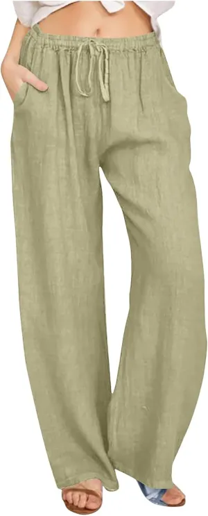 Womens Summer Cotton Linen Pants High Waist Drawstring Wide Leg Palazzo Pant 2025 Lightweight Comfy Lounge Trousers