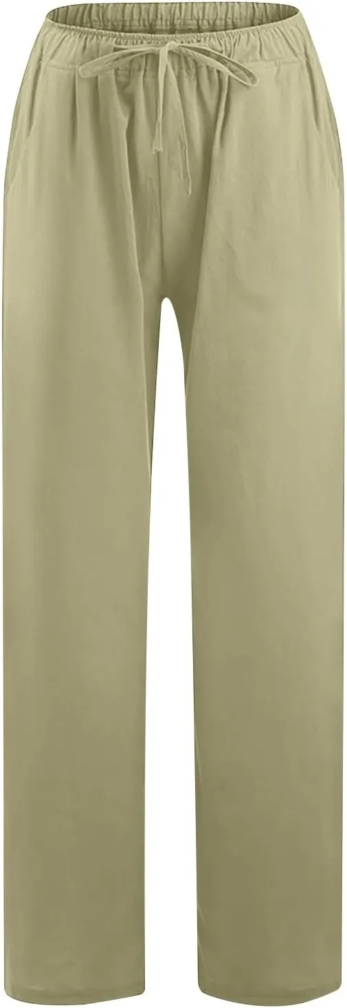Womens Summer Cotton Linen Pants High Waist Drawstring Wide Leg Palazzo Pant 2025 Lightweight Comfy Lounge Trousers