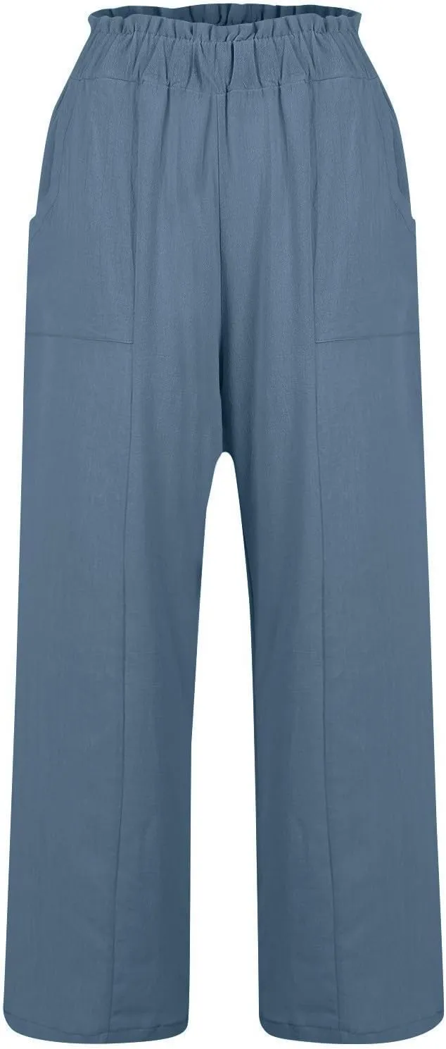 Women's Summer Fashion Casual Wide Leg Drawstring High Waist Pocket Long Dressy Loose Fit Pants