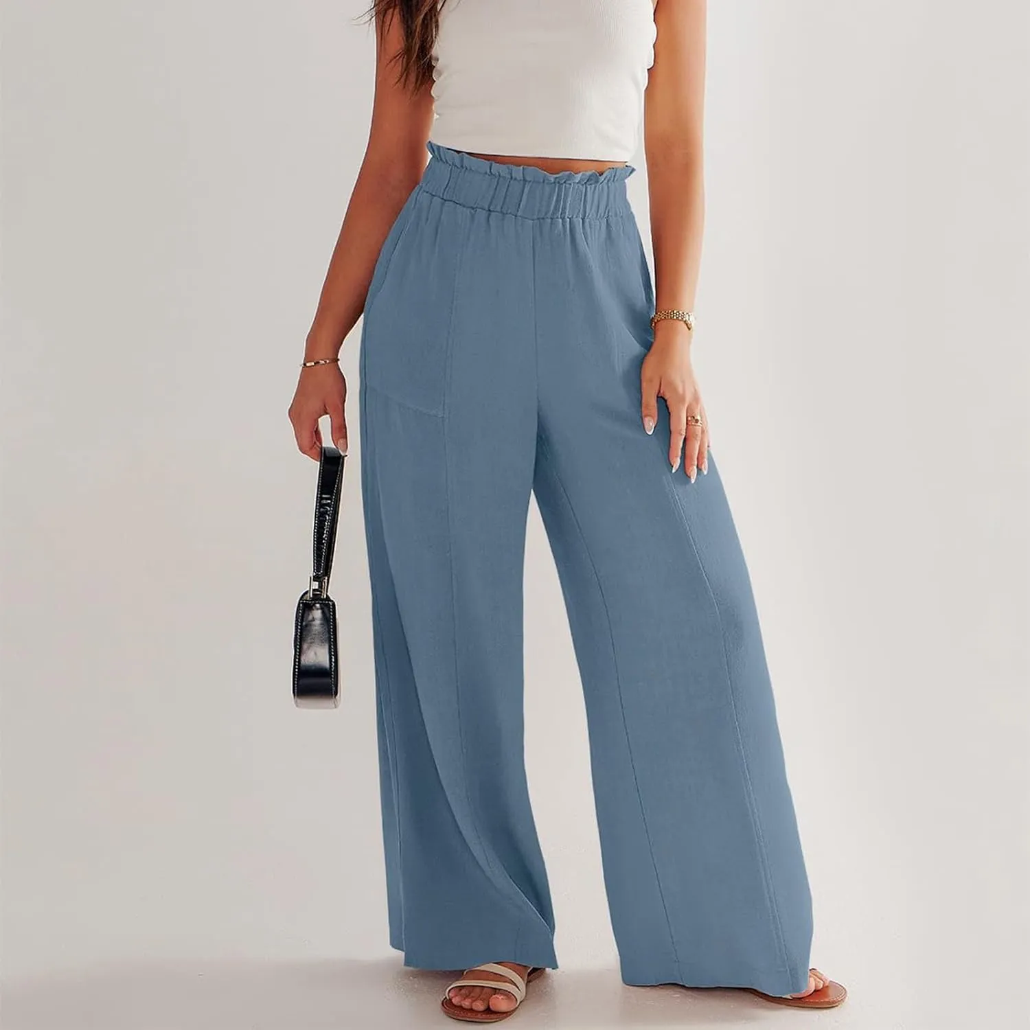 Women's Summer Fashion Casual Wide Leg Drawstring High Waist Pocket Long Dressy Loose Fit Pants